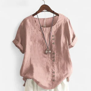 Haut en Lin à Bouton Asymétrique - Coupe Décontractée, Manches Courtes