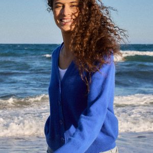 Gilet Bleu Col V Manches Longues en Cachemire