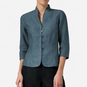 Blouse en Lin Mélangé à Col Mandarin - Manches 3/4 Ajustée