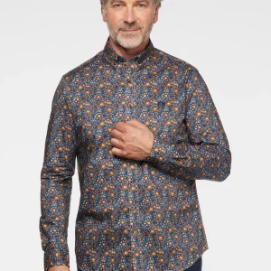 Chemise marine à fleurs rouilles