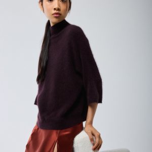 Pull Aubergine Col Roulé Manches Kimono en Raccoon / Polyamide