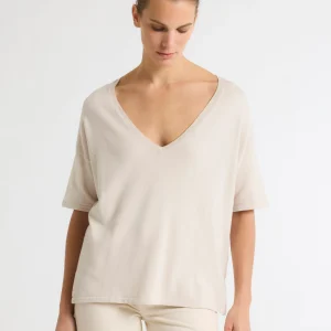 Pull Beige Col V Manches Courtes en Coton organique / Elasthanne