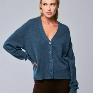 Gilet Bleu Col V Manches Longues en Laine / Soie / Cachemire