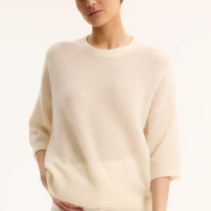 Pull Blanc Col Rond Manches Coudes en Laine / Soie / Cachemire