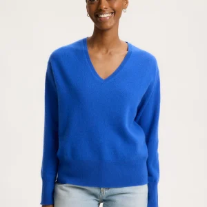 Pull Bleu Col V Manches Longues en Cachemire