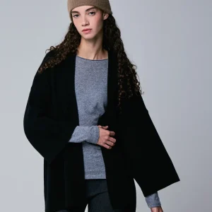 Gilet Noir Col Châle Manches Longues en Laine merinos