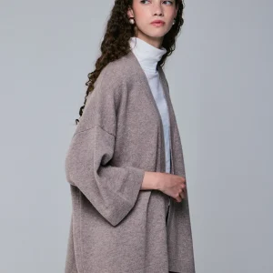 Gilet Beige Col Châle Manches Longues en Laine merinos