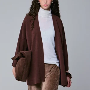 Gilet Marron Col Châle Manches Longues en Laine merinos