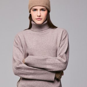 Pull Beige Col Roulé Manches Longues en Laine merinos