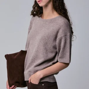 Pull Beige Col Rond Manches Courtes en Laine merinos