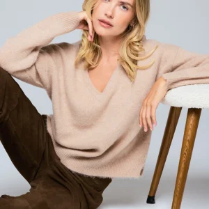 Pull Beige Col V Manches Longues en Laine / Cachemire