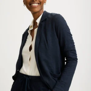 Veste Marine Manches Longues en Lin,Elasthanne