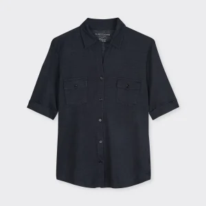 Chemise Marine Col Chemise Manches Coudes en Lin / Elasthanne