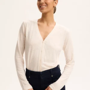 Gilet Écru Col V Manches Longues en Lin / Elasthanne