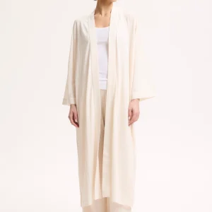 Gilet Écru Long Col Profond Manches Longues en Lin / Elasthanne