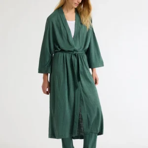 Gilet Vert Long Col Profond Manches Longues en Lin / Elasthanne