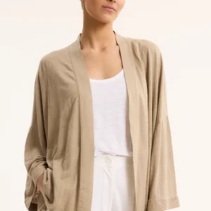 Gilet Beige Col Profond Manches Longues en Lin / Elasthanne