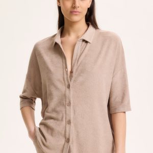 Chemise Beige Col Chemise Manches Coudes en Coton / Modal