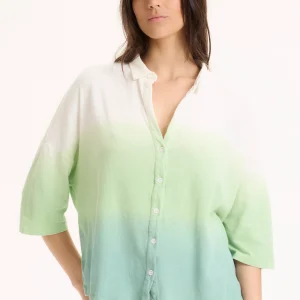 Chemise Vert clair Col Chemise Manches Coudes en Coton organique / Lin