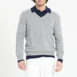 Pull col V homme en cachemire gris clair - LUKE 1