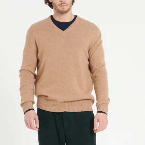 Pull col V homme en cachemire 4 fils camel - LUKE 13