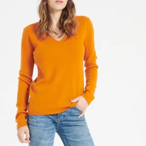 Pull col V femme en cachemire orange citrouille - LILLY 2A
