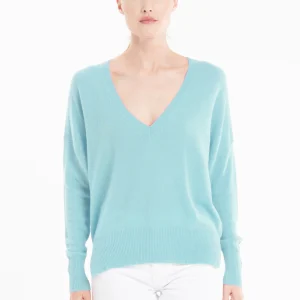 Pull col V femme en cachemire turquoise - RIA 3