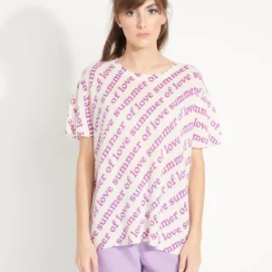 T-shirt col rond cachemire femme en cachemire déjaugé blanc écru imprimé violet - AVA 10