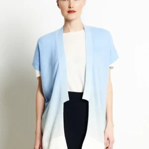 Gilet à manches courtes femme en cachemire déjaugé tye & dye blanc écru & bleu ciel - AVA 11A