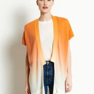 Gilet à manches courtes femme en cachemire déjaugé tye & dye blanc écru & orange - AVA 11A