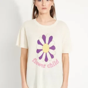 T-shirt col rond femme en cachemire déjaugé blanc écru imprimé fleurs multicouleur - AVA 8