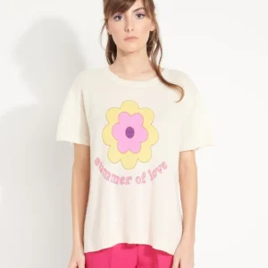 T-shirt col rond femme en cachemire déjaugé blanc écru imprimé fleurs multicouleur - AVA 9