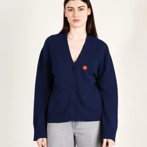 Cardigan col V femme en cachemire & laine 4 fils bleu marine - HANA 3
