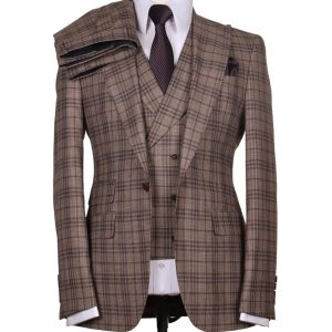 Costume 3 Pièces à Carreaux Beige et Marron