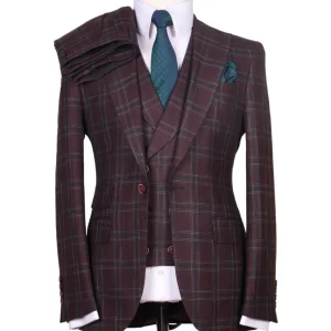 Costume 3 Pièces à Carreaux Bordeaux et Vert