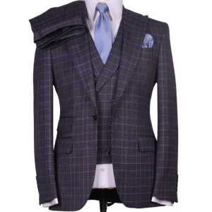 Costume 3 Pièces à Carreaux Gris et Bleu 3