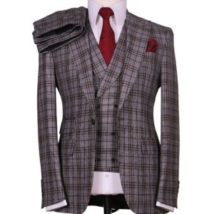 Costume 3 Pièces à Carreaux Gris et Marron