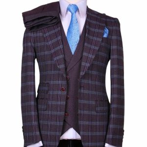 Costume 3 Pièces à Carreaux Rouge Bordeaux 2