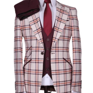 Costume 3 Pièces Blanc Motifs Carreaux