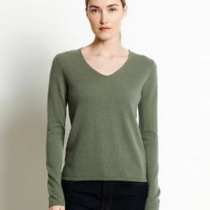 Pull col V femme en cachemire kaki militaire - LILLY 2B