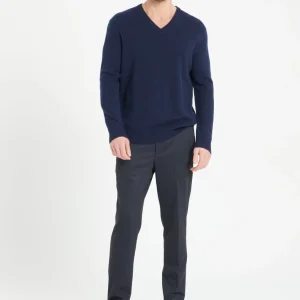 Pull col V homme en cachemire 4 fils bleu marine - LUKE 13