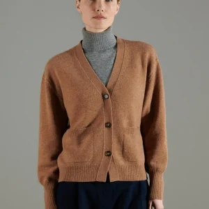 Cardigan col V femme en cachemire 4 fils camel - NAMI 1