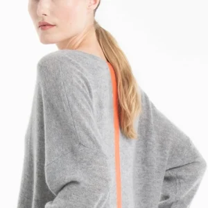 Pull col V femme en cachemire gris clair & mandarine - NAMI 23