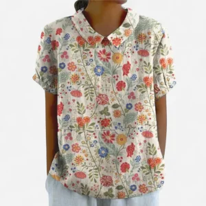 Blouse Florale - Manches Courtes, Col Peter Pan en Coton Léger