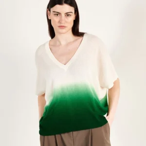 Pull col V manches chauve souris femme en cachemire tie & dye blanc écru & vert émeraude - RIA 7A