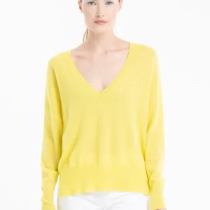 Pull col V femme en cachemire jaune fluo - RIA 3