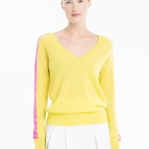 Pull col V femme en cachemire jaune fluo & rose barbie - RIA 1