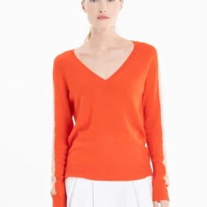 Pull col V femme en cachemire mandarine & camel clair - RIA 1
