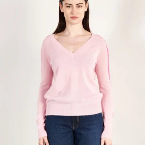 Pull col V femme en cachemire rose baby & rose indien - RIA 1