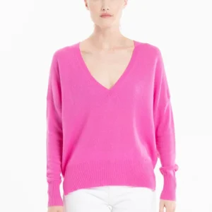 Pull col V femme en cachemire rose barbie - RIA 3